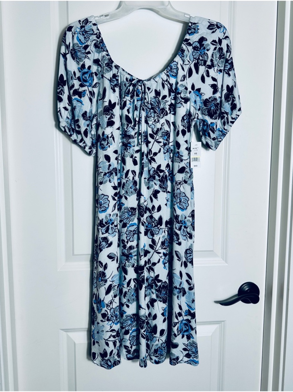 DIP Blue Floral Babydoll Dress NWT White Puff Sleeve Empire Waist Cottagecore XS